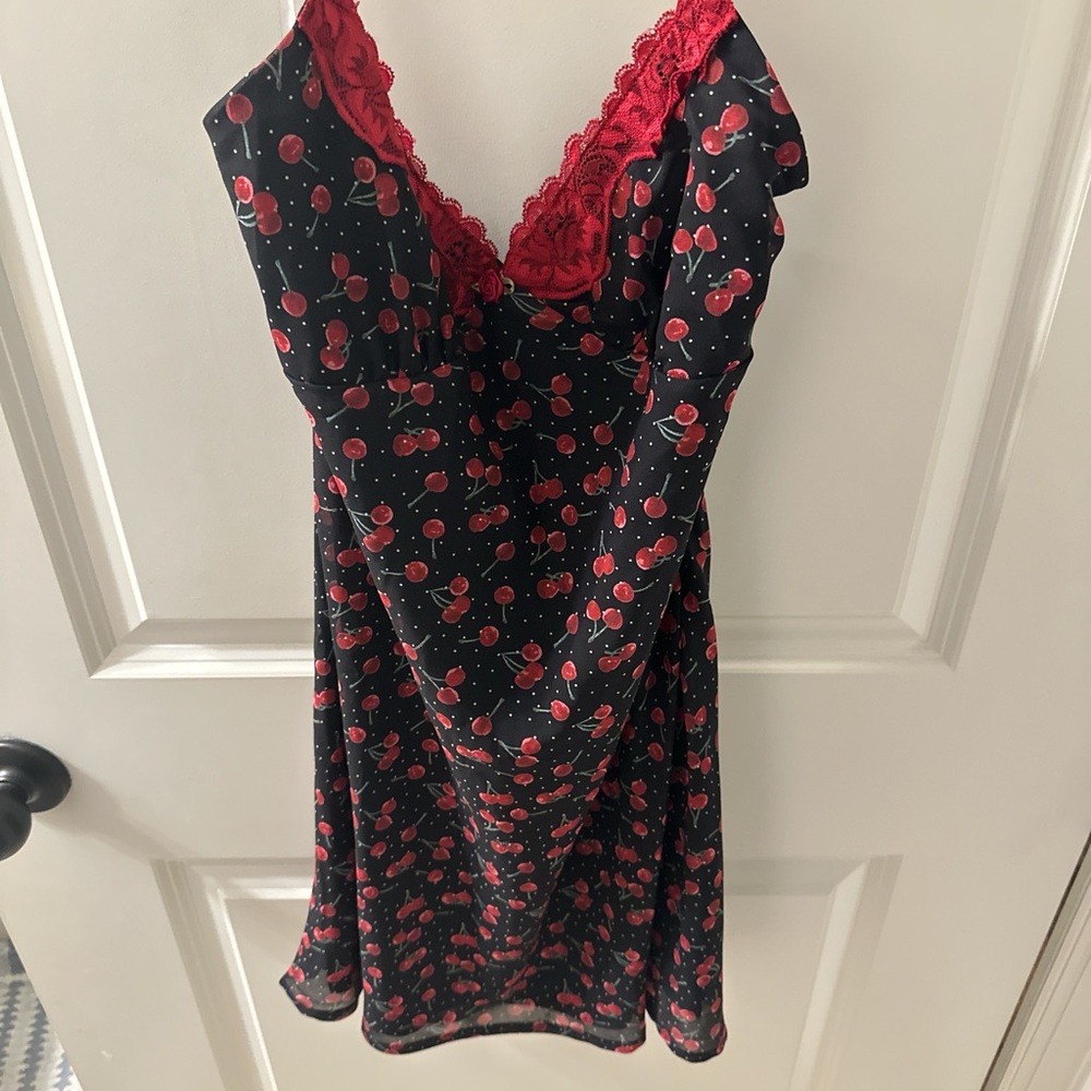 La Hearts Cherry Patterned Black and Red Lace Chemise